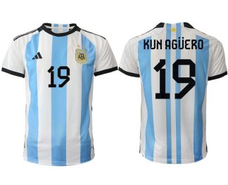 Argentina KUN AGÜERO #19 Hemmatröja FIFA World Cup Qatar 2022 Herr Fotbollströjor Vit blå Kortärmad