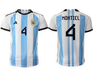 Argentina MONTIEL #4 Hemmatröja FIFA World Cup Qatar 2022 Herr Fotbollströjor Vit blå Kortärmad