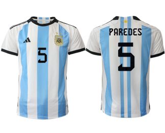 Argentina PAREDES #5 Hemmatröja FIFA World Cup Qatar 2022 Herr Fotbollströjor Vit blå Kortärmad