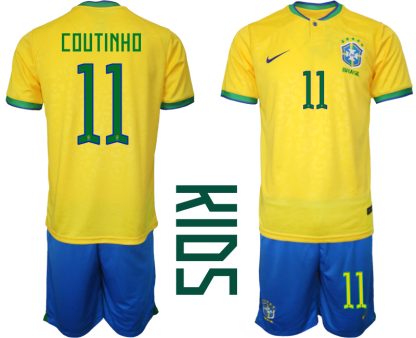 Brasilien Hemmatröja Barn FIFA VM 2022 Qatar Kortärmad + Korta byxor med namn COUTINHO 11