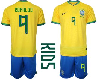 Brasilien Hemmatröja Barn FIFA VM 2022 Qatar Kortärmad + Korta byxor med namn RONALDO 9