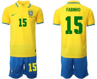 Brasilien Herr Hemmatröja VM 2022 Kortärmad + Korta byxor med namn FABINHO 15