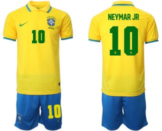 Brasilien Herr Hemmatröja VM 2022 Kortärmad + Korta byxor med namn NEYMAR JR 10