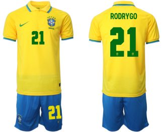 Brasilien Herr Hemmatröja VM 2022 Kortärmad + Korta byxor med namn RODRYGO 21