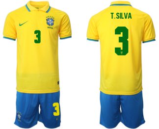 Brasilien Herr Hemmatröja VM 2022 Kortärmad + Korta byxor med namn T.SILVA 3