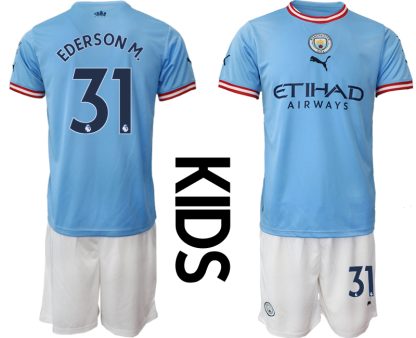 Manchester City EDERSON M.#31 Hemmatröja Barn 2022-23 Kortärmad (+ Korta byxor)