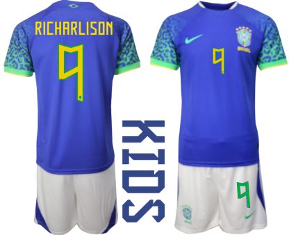 RICHARLISON #9 Brasilien Bortatröja Barn FIFA VM 2022 Qatar Kortärmad + Korta byxor