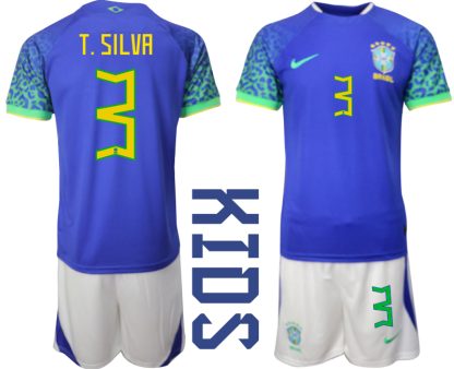T.SILVA #3 Brasilien Bortatröja Barn FIFA VM 2022 Qatar Kortärmad + Korta byxor