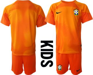 köpa Brasilien Målvaktströja Barn FIFA VM 2022 Qatar orange Kortärmad + Korta byxor