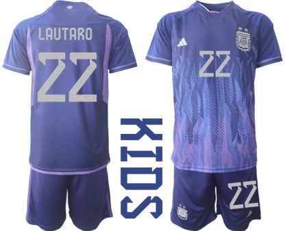 LAUTARO #22 Argentina Bortatröja FIFA World Cup Qatar 2022 Barn purpurfärgad Kortärmad + Korta byxor
