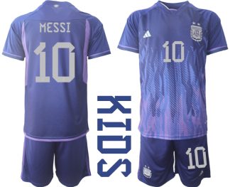 MESSI #10 Argentina Bortatröja FIFA World Cup Qatar 2022 Barn purpurfärgad Kortärmad + Korta byxor