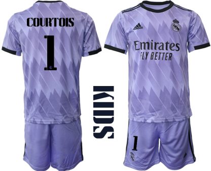 Real Madrid Bortatröja Barn 2022-23 Kortärmad + Korta byxor med tryck COURTOIS 1