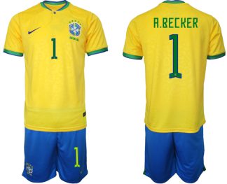 A.BECKER #1 Brasilien Hemmatröja Herr VM 2022 Kortärmad + Korta byxor