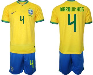 MARQUINHOS #4 Brasilien Hemmatröja Herr VM 2022 Kortärmad + Korta byxor