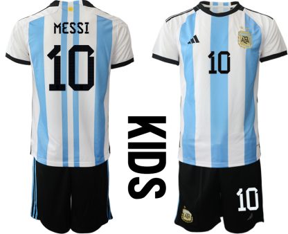 MESSI #10 Argentina Hemmatröja FIFA World Cup Qatar 2022 barn Kortärmad + Korta byxor