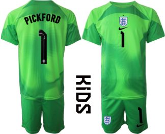 PICKFORD #1 England Målvaktströja 2023 Barn grön Kortärmad + Korta byxor