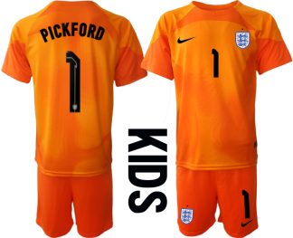 PICKFORD #1 England Målvaktströja 2023 Barn orange Kortärmad + Korta byxor
