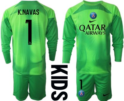 K.NAVAS #1 Paris Saint-Germain PSG Målvakt Barn 2023 grön Långärmad + Korta byxor