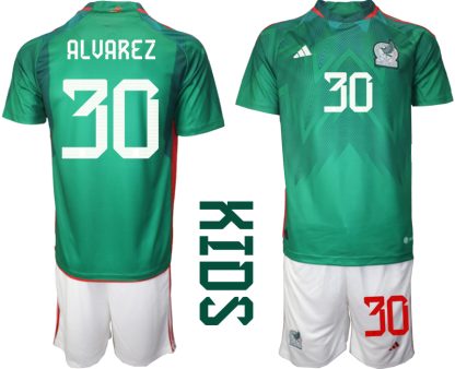 Mexiko Hemmatröja Barn VM 2022 Kortärmad + Korta byxor med namn ALVAREZ 30