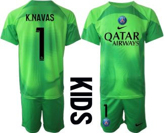 Paris Saint-Germain PSG Målvakt Barn 2023 grön Kortärmad + Korta byxor med tryck K.NAVAS 1