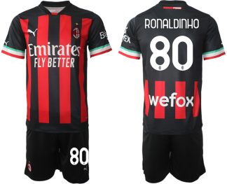 AC Milan Hemmatröja Herr 2023 Kortärmad + Korta byxor med namn RONALDINHO 80