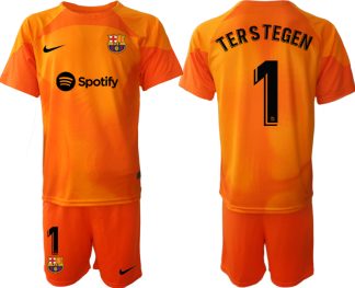 FC Barcelona 2023 Målvaktströja Herr orange Kortärmad + Korta byxor med tryck TERSTEGEN 1