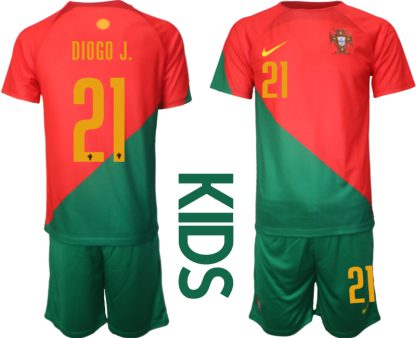 Portugal Hemmatröja Barn VM 2022 Fotbollskläder Set med tryck DIOGO J.21