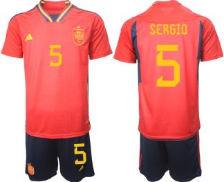 SERGIO #5 Fotbollströjor Sverige Spanien Hemmatröja Herr VM 2022 Kortärmad + Korta byxor