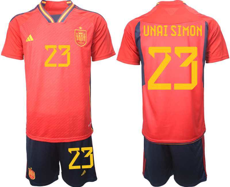 Spanien Hemmatröja Herr VM 2022 Kortärmad + Korta byxor med tryck UNAI SIMON 23