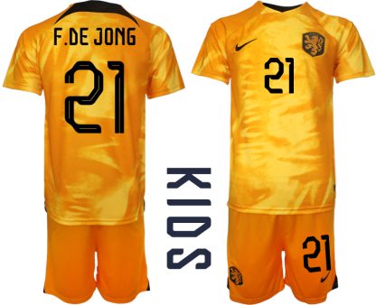 Nederländerna Hemmatröja barn VM 2022 Fotbollströjor barn med tryck F.DE JONG 21