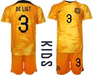 Nederländerna Hemmatröja barn VM 2022 Kortärmad+ Korta byxor med tryck DE LIGT 3