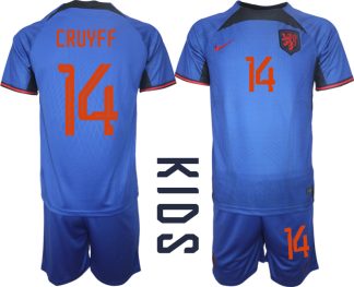 Nederländerna Matchtröjor Barn Fotbollströja VM 2022 Kortärmad + Korta byxor CRUYFF 14