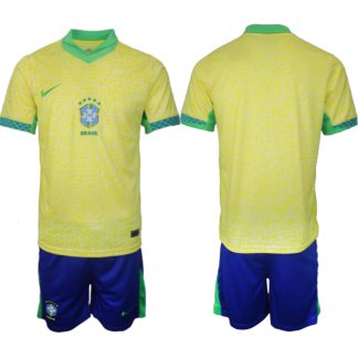Landslagströja Fotboll Brasilien Herr Hemmaställ Copa América 2024 gul Kortärmad + blå Korta byxor