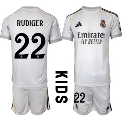 Köp Barn Real Madrid Hemmatröja 2025/26 Antonio Rudiger #22 Fotbollssats Kortärmad (+ Shorts)