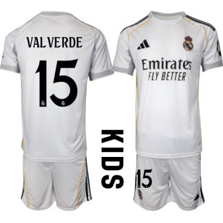 Köp Barn Real Madrid Hemmatröja 2025/26 Federico Valverde #15 Fotbollssats Kortärmad (+ Shorts)