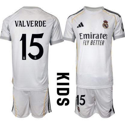 Köp Barn Real Madrid Hemmatröja 2025/26 Federico Valverde #15 Fotbollssats Kortärmad (+ Shorts)