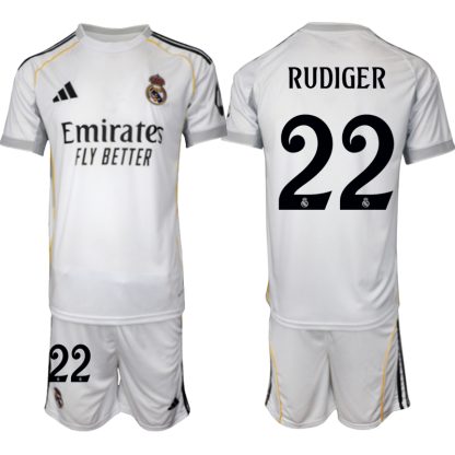 Köp Herr Real Madrid Hemmatröja 2025/26 Antonio Rudiger #22 Fotbollsmatchställ (kortärmad tröja + shorts)