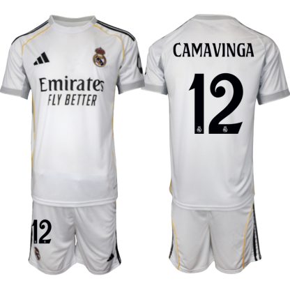 Köp Herr Real Madrid Hemmatröja 2025/26 Eduardo Camavinga #12 Fotbollsmatchställ (kortärmad tröja + shorts)