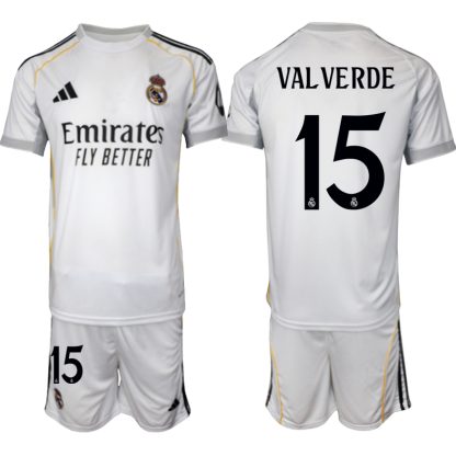 Köp Herr Real Madrid Hemmatröja 2025/26 Federico Valverde #15 Fotbollsmatchställ (kortärmad tröja + shorts)