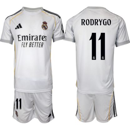 Köp Herr Real Madrid Hemmatröja 2025/26 Rodrygo #11 Fotbollsmatchställ (kortärmad tröja + shorts)