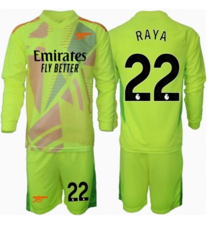 Barn Arsenal fotbollströja David Raya #22 Målvakt Hemma 2024–25 Långärmad (+ shorts)