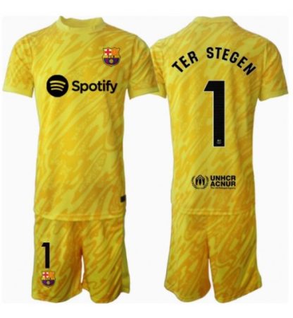Köp Barn Barcelona Målvakt Bortatröja 2024/25 Ter Stegen #1 Fotbollsklädset Kortärmad Tröja + Shorts