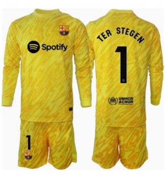 Köp Barn Barcelona Målvakt Bortatröja 2024/25 Ter Stegen #1 Fotbollsklädset Långärmad Tröja + Shorts