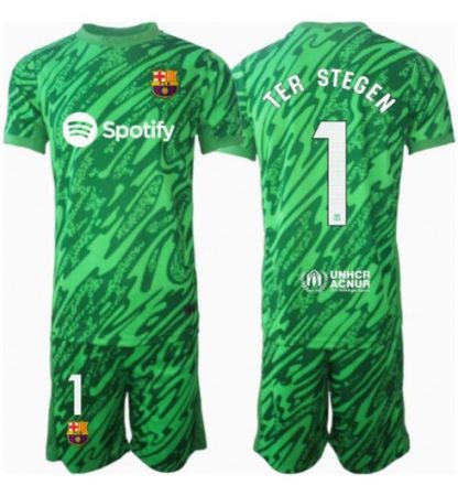 Köp Barn Barcelona Målvakt Hemmatröja 2024/25 Ter Stegen #1 Fotbollsklädset Kortärmad Tröja + Shorts