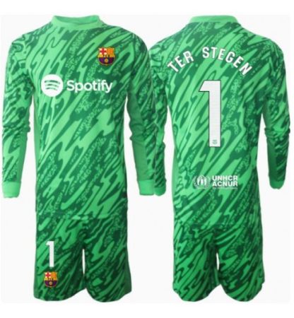 Köp Barn Barcelona Målvakt Hemmatröja 2024/25 Ter Stegen #1 Fotbollsklädset Långärmad Tröja + Shorts