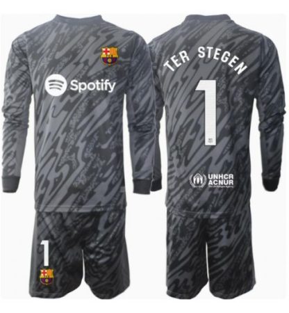 Köp Barn Barcelona Målvakt Tredjetröja 2024/25 Ter Stegen #1 Fotbollsklädset Långärmad Tröja + Shorts