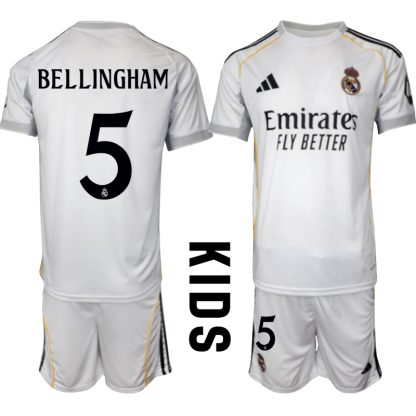 Köp Barn Real Madrid Hemmatröja 2025/26 Jude Bellingham #5 Fotbollssats Kortärmad (+ Shorts)