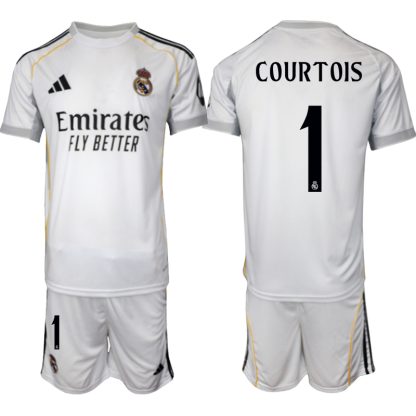 Köp Herr Real Madrid Hemmatröja 2025/26 Thibaut Courtois #1 Fotbollsmatchställ (kortärmad tröja + shorts)