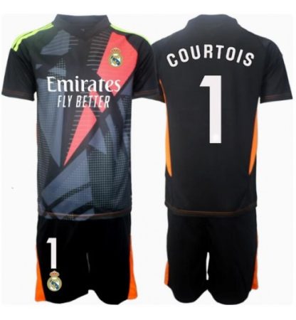Köp Real Madrid Barn Målvakt Bortatröja 2024/25 Thibaut Courtois #1 Fotbollsklädset Kortärmad Tröja + Shorts