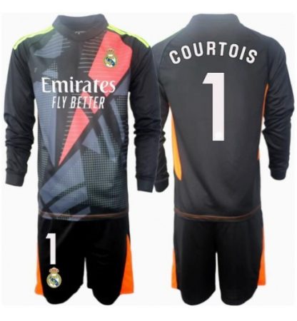 Köp Real Madrid Barn Målvakt Bortatröja 2024/25 Thibaut Courtois #1 Fotbollsklädset Långärmad Tröja + Shorts